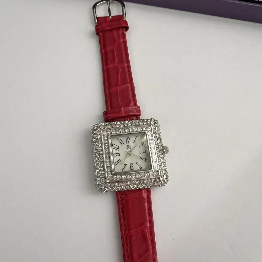 Suzanne Somers Collection Crystal Rhinestones Red Leather Womens Quartz Watch